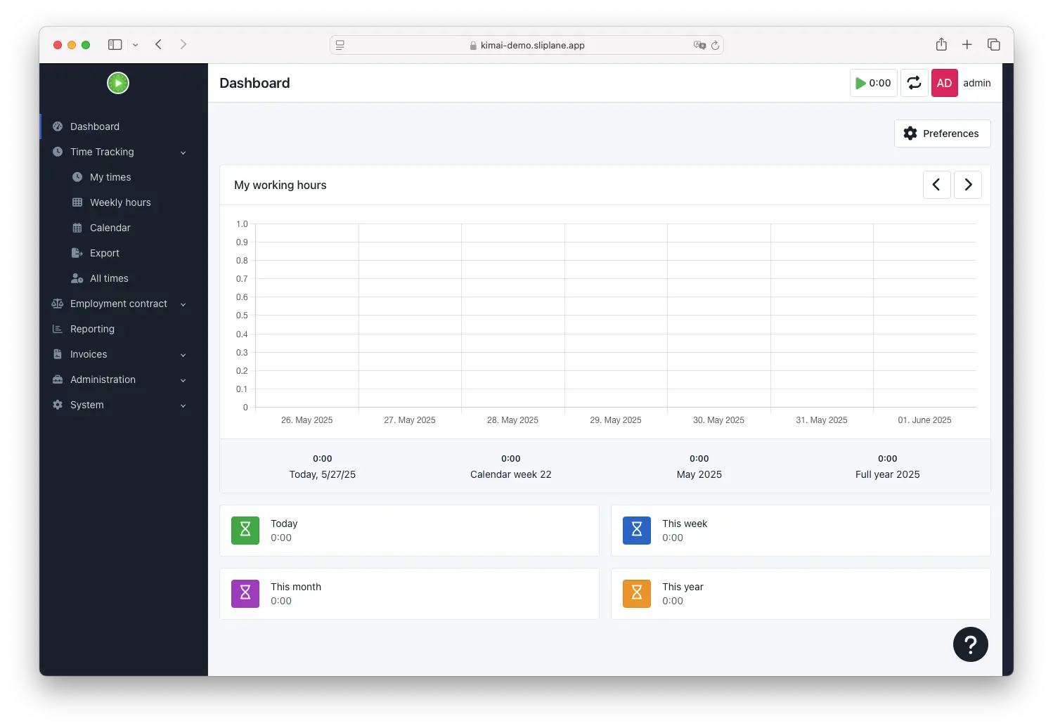 Kimai dashboard